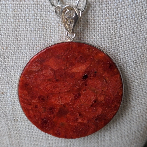 Hand Crafted Jewelry - Red Orange Coral Pendant Necklace, New, Genuine. Adjustable 24"  Silver Chain